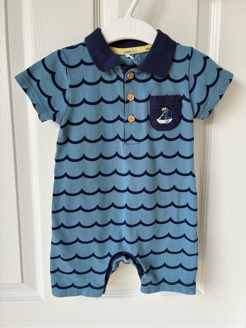 TU Blue Polo-Style Wave Print One-Piece with Navy Trim